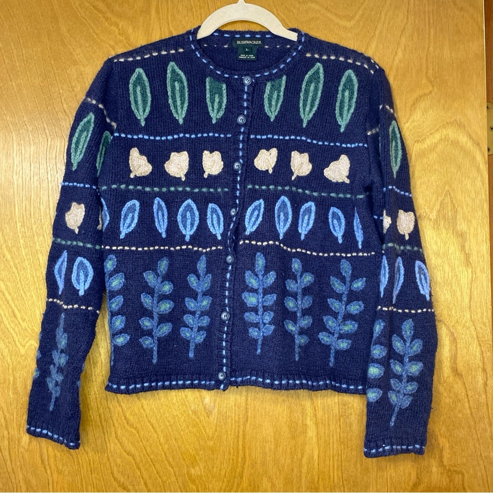 Vintage Women’s Bushwhacker L Fall Wool Embroidered Cotton Blend Navy Sweater